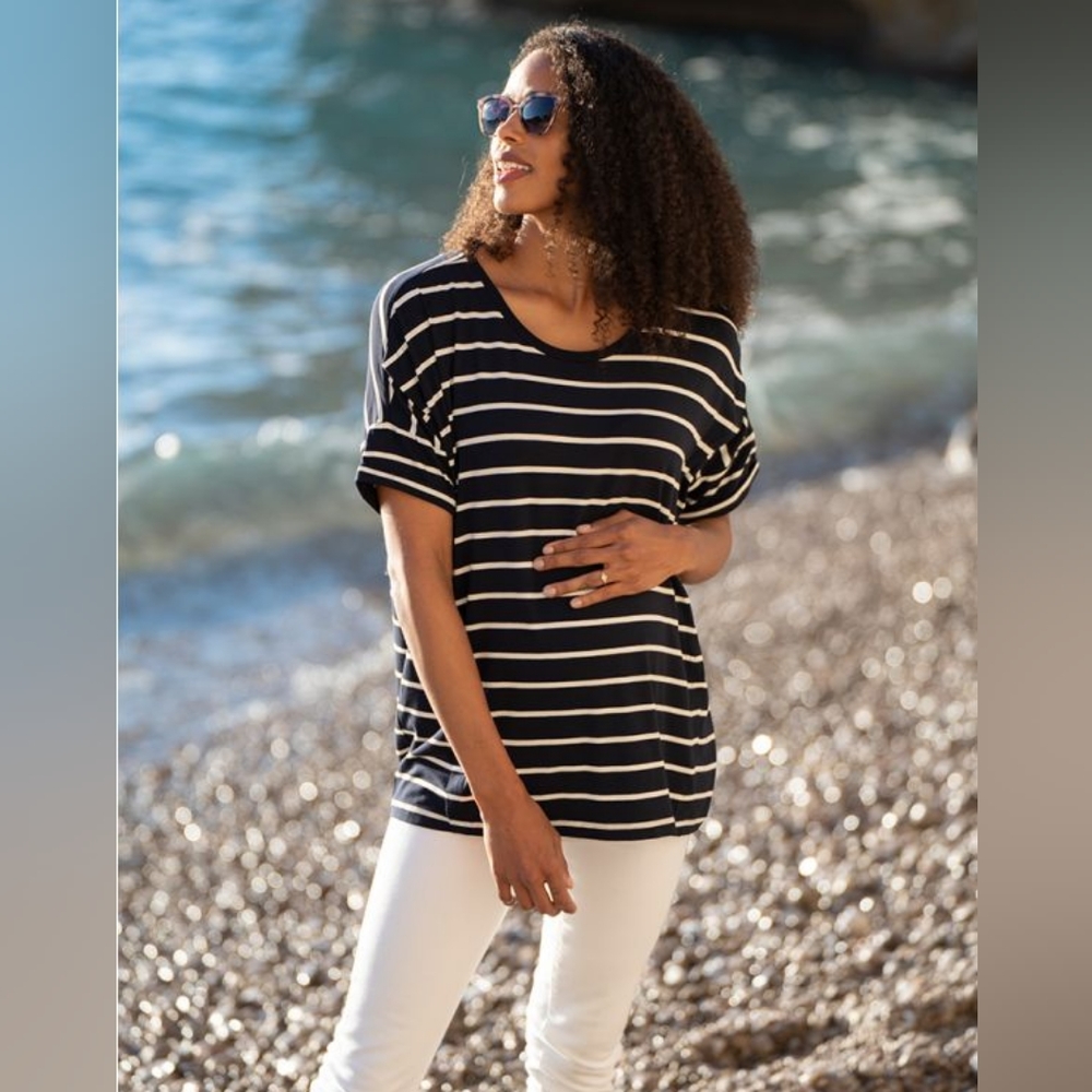 Seraphine Navy and White Stripe Oversized Boxy Fit Maternity to Nursing T-Shirt